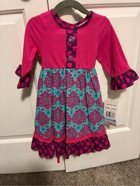 Rare Editions Fuchsia and Teal Ruffle Hem Dress